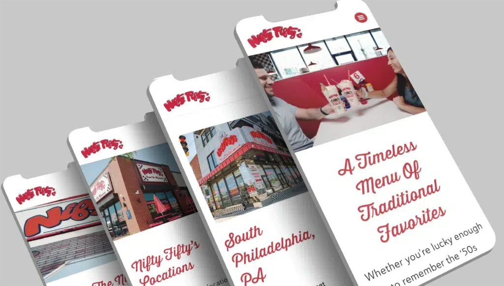 custom-website-redesign-for-restaurant-business-1024x582.png | Moonlit Media LLC Four smartphone screens display the Nifty Fiftys diner website redesign, featuring images of the restaurant, milkshakes, and retro-themed text about their menu and South Philadelphia location.