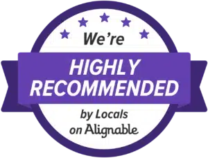 A circular purple badge with stars and a ribbon, displaying the text: Were HIGHLY RECOMMENDED by Locals on Alignable—trusted by growing brands for custom logo design.