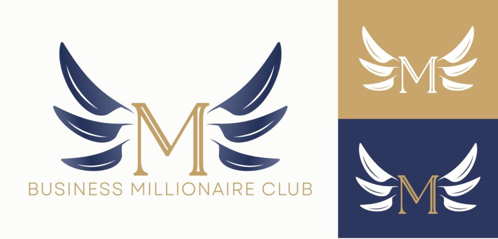 Logo with large gold letter M flanked by stylized blue wings, above the words Business Millionaire Club. Ideal for branding or educational consultants. Two alternate color versions: gold on white and white on dark blue backgrounds.