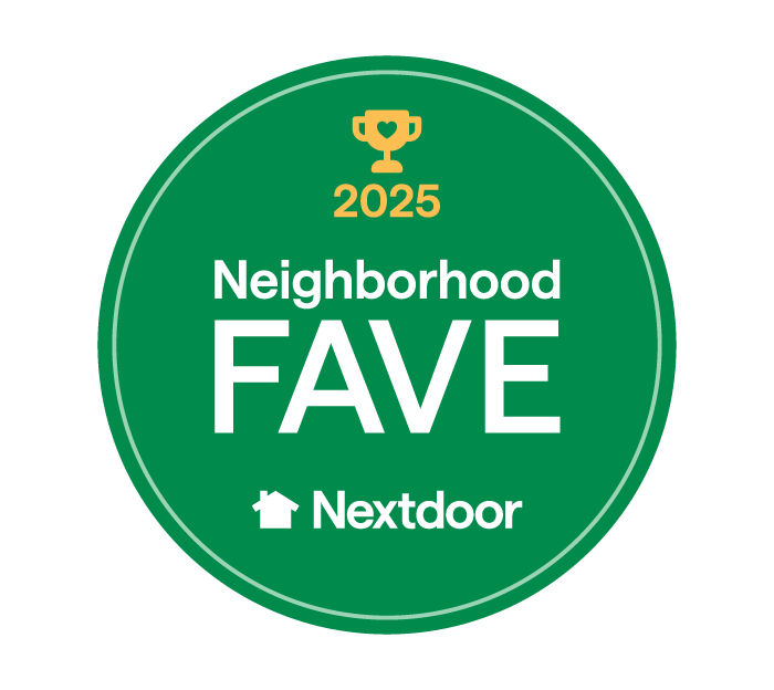 A green circular badge with a gold trophy icon, the year 2025, and the text Neighborhood FAVE above the Nextdoor logo—perfect for growing brands seeking standout custom logo design.