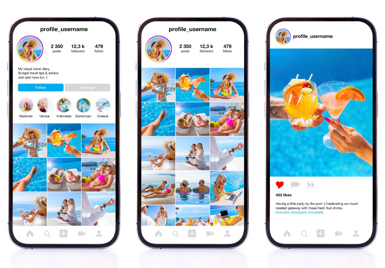 Three smartphones display a social media profile with images of a woman enjoying a pool vacation—perfect inspiration for any web designer seeking vibrant visuals for custom website design projects.