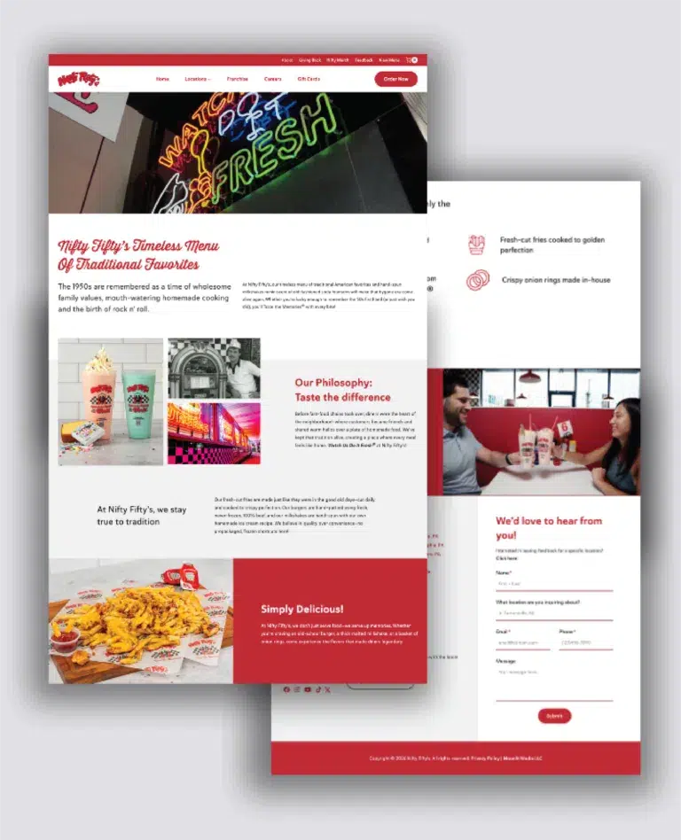 webpage-design-for-franchise-businesses-768x948.png | Moonlit Media LLC Screenshot of a diner-themed website for a New Hampshire eatery, featuring milkshakes, fries, neon signage, a couple dining, and a contact form; the red-and-white retro design hints at an upcoming website redesign.