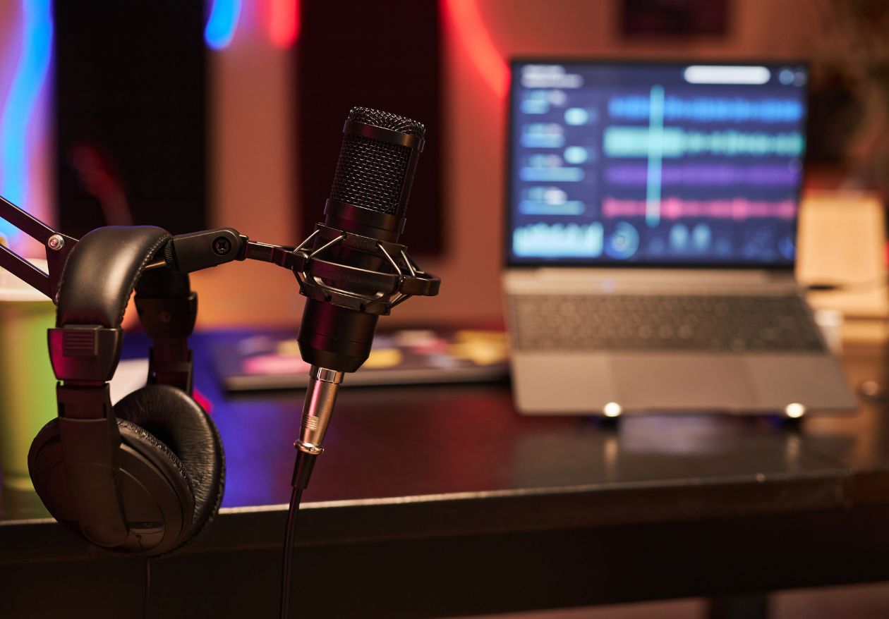 A microphone with headphones rests on a desk in front of an open laptop displaying audio editing software. The softly lit, colorful neon lights evoke a modern recording studio atmosphere—perfect inspiration for any web designer or moonlit media creator.