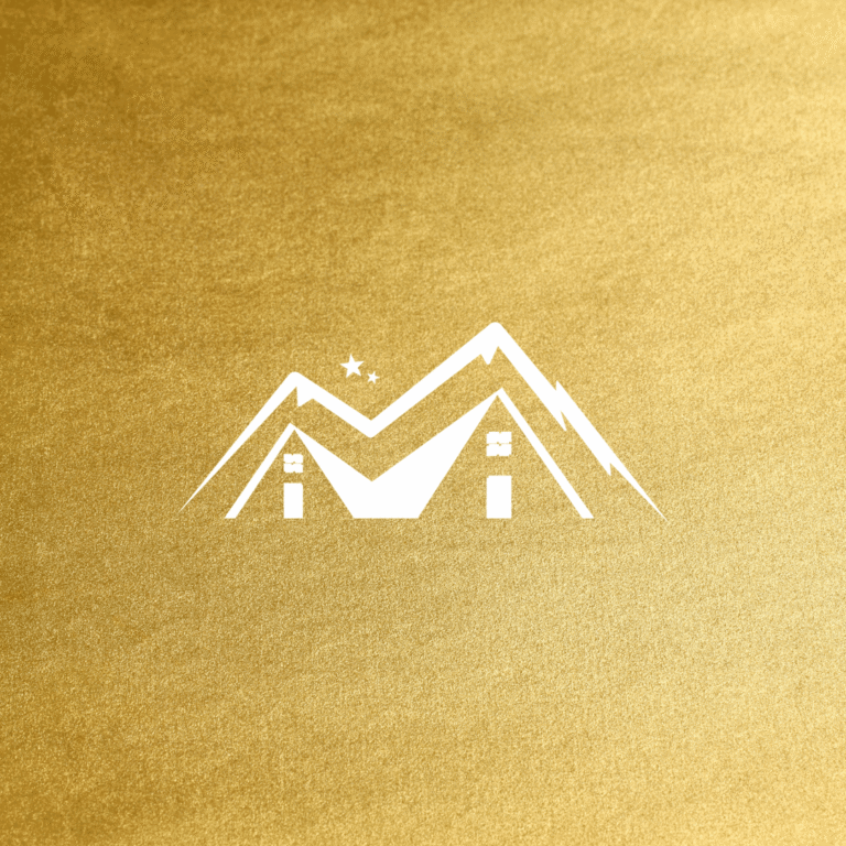 White geometric mountain logo with two small towers and a star above, centered on a textured gold background—perfect for a custom website design or to showcase your brand with moonlit media flair.