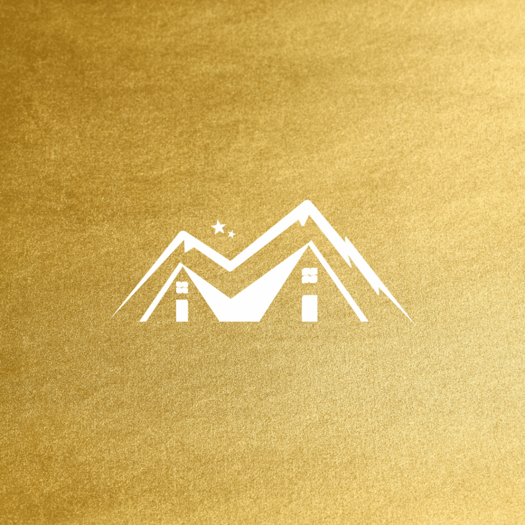 A white geometric mountain logo with two vertical rectangles, a star, and a lightning bolt is centered on a textured gold background, embodying moonlit media’s unique touch in custom website design.