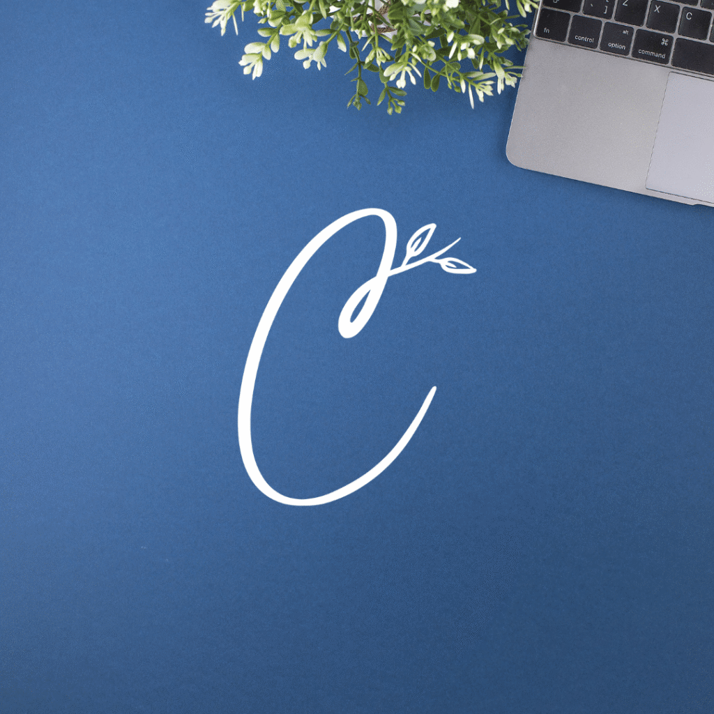 A laptop, green plant, and a large white letter C with a leafy design, showcasing custom logo design, are arranged on a blue background.