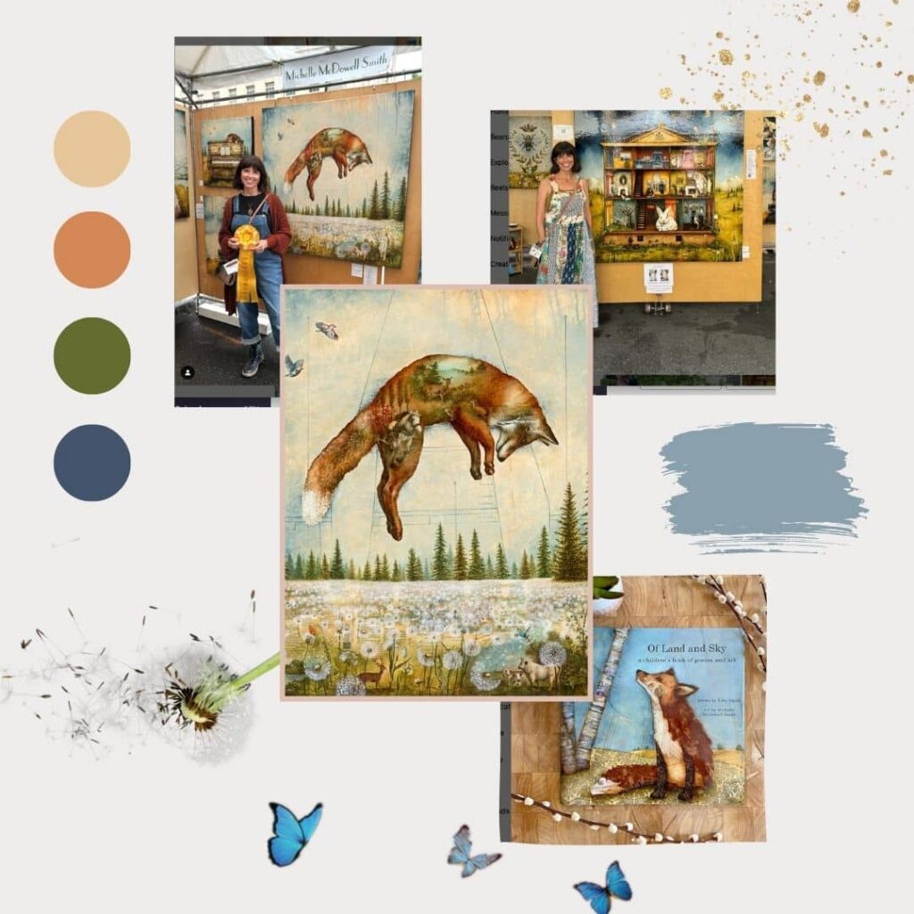 A collage featuring whimsical fox artwork, a woman with her art display, paint swatches, butterflies, a dandelion, and a book titled Of Land and Sky with a fox on the cover—perfect inspiration for any web designer or custom logo design by Moonlit Media.