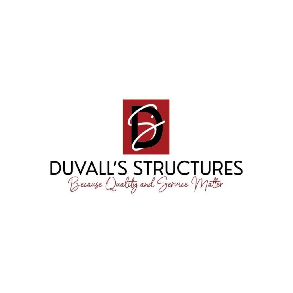 Logo for Duvalls Structures featuring a stylized white D inside a red square, with the text Duvall’s Structures below and the slogan Because Quality and Service Matter in cursive, designed by Moonlit Media, your trusted web design services provider.