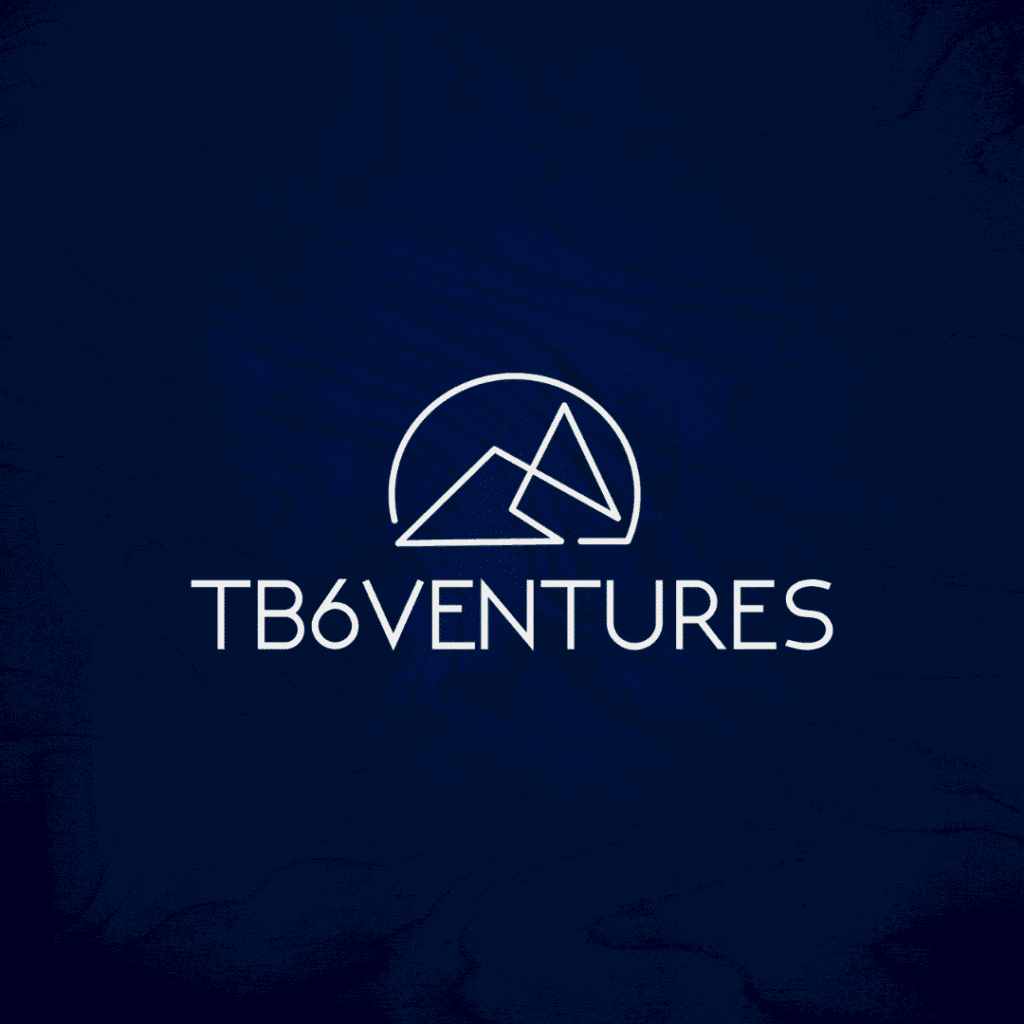 White line drawing of a mountain inside a semicircle above the text TB6VENTURES on a dark blue textured background—ideal inspiration for custom logo design or logo design services.