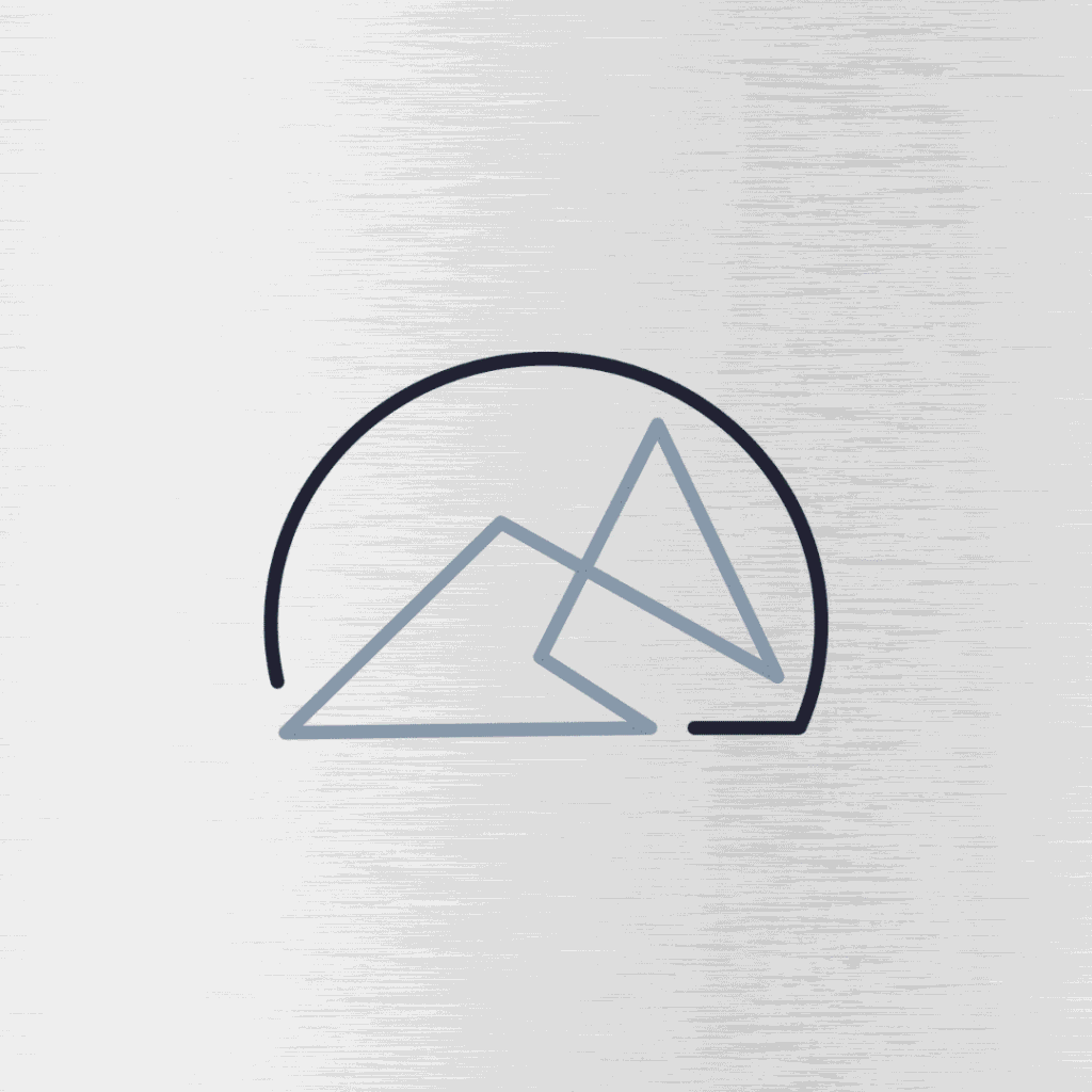 Minimalist logo of two overlapping triangles resembling mountains, outlined in grey, with a black semi-circle arching over them on a brushed metal background—an elegant example of Moonlit Medias expert logo design services.