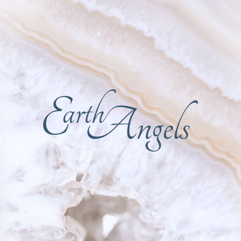 Text Earth Angels in elegant script font over a background of white and beige crystal or agate patterns, enhanced with soft textures—perfect for showcasing logo design services with a touch of natural elegance.