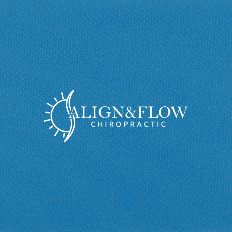 White ALIGN & FLOW CHIROPRACTIC custom logo design on a textured blue background, featuring a stylized crescent shape with radiating lines resembling a sun on the left side of the text.