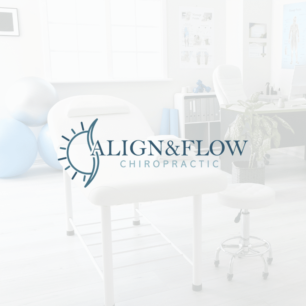 A bright chiropractic office with a white treatment table, exercise balls, a rolling stool, and medical posters. The Align & Flow Chiropractic logo—created through custom logo design—is centered over the image.