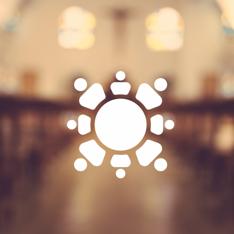 A white abstract icon of people sitting around a round table appears in focus at the center, highlighting custom logo design, with a blurred background resembling a church or hall interior with arched windows and wooden pews.