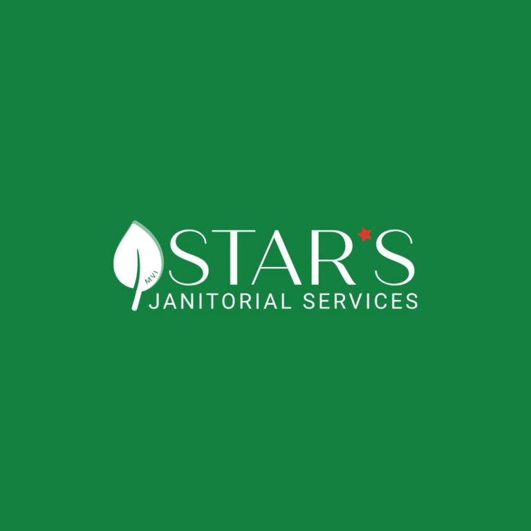 Logo for Stars Janitorial Services on a green background, designed by Moonlit Media. The word Stars is in white with a red star as the apostrophe and a green leaf forming the letter A, perfect for your custom website design needs.