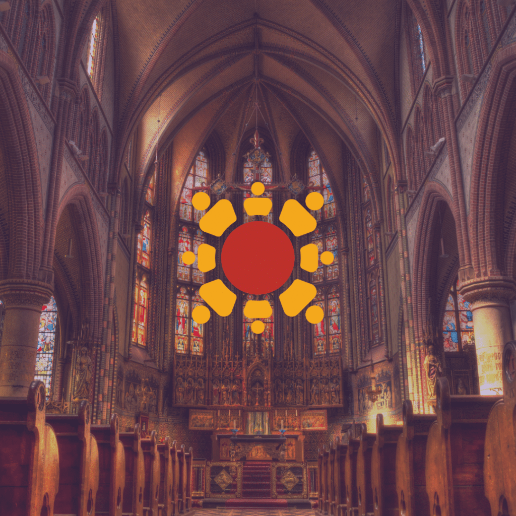 A grand church interior with wooden pews and stained glass windows. A large, stylized orange and red circular symbol by Moonlit Media, specialists in logo design services, is superimposed in the center of the image.