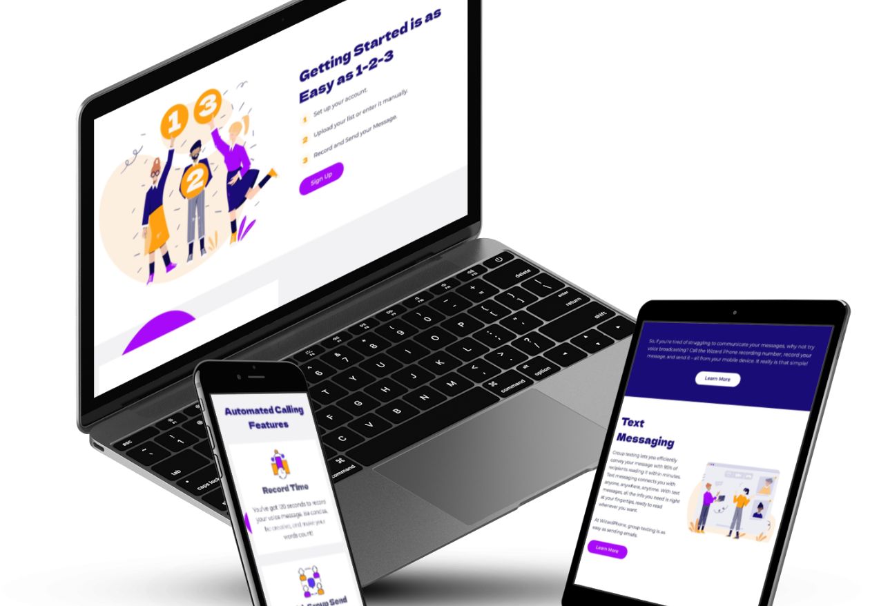 A laptop, smartphone, and tablet display the same website by moonlit media, featuring colorful illustrations and text about getting started and digital communication features like recent calls and text messaging—all set on a white background.