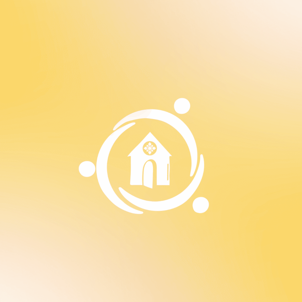 White minimalist icon of a church surrounded by three abstract human figures forming a circular shape, set against a soft yellow gradient background—ideal for custom logo design or web design services.