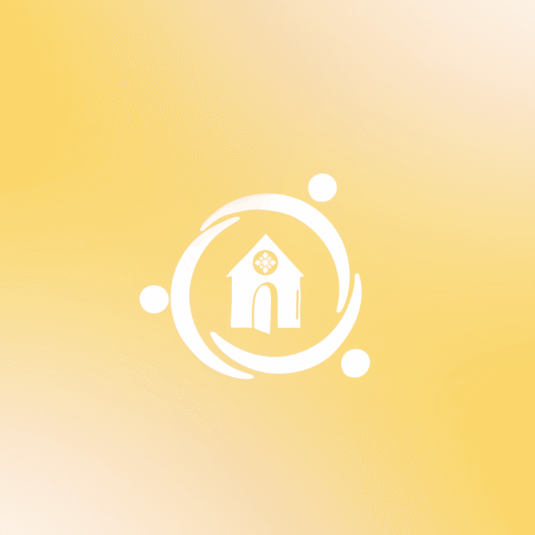White minimalist icon of a church surrounded by three abstract human figures forming a circular shape, set against a soft yellow gradient background—ideal for custom logo design or web design services.