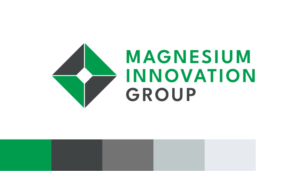 Logo for Magnesium Innovation Group with a geometric diamond-shaped design in green and dark gray, perfect for use in website design. Features a green-gray color palette bar along the bottom of the image.