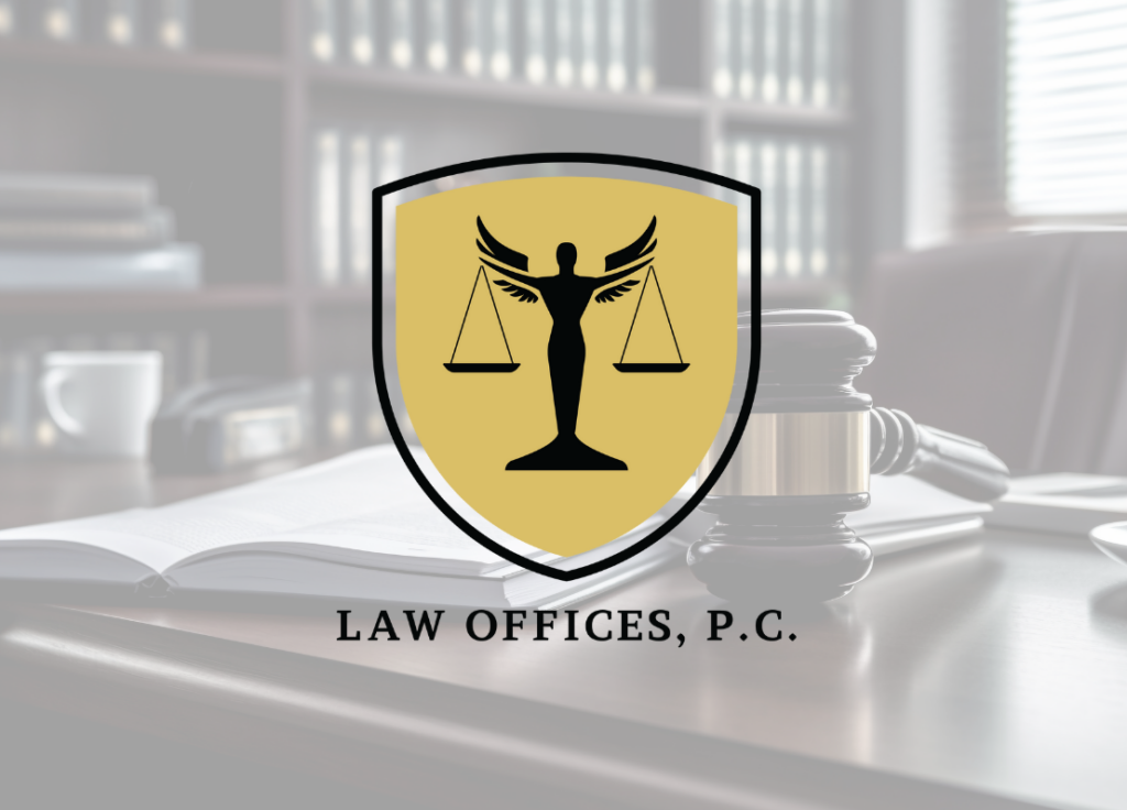 A gold and black shield with a Lady Justice figure holding scales, perfect for law office logo design, overlaid on a blurred background of a law office with books, a gavel, and an open book. The text reads LAW OFFICES, P.C.