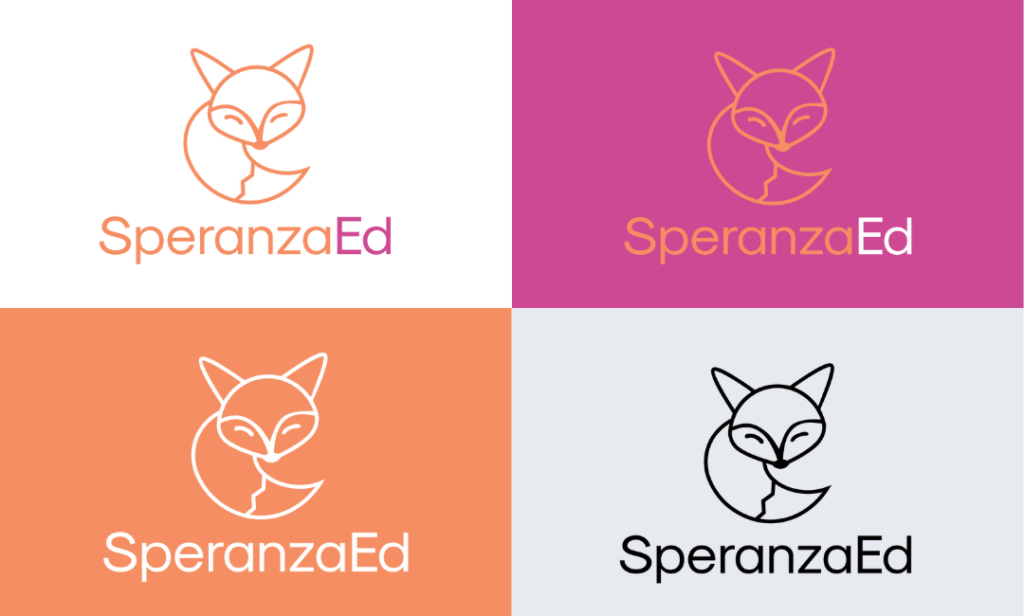 Four variations of a logo for SperanzaEd, ideal for branding educational consultants, feature a minimalist fox above the text on white, pink, orange, and light gray backgrounds with matching or contrasting line and text colors.