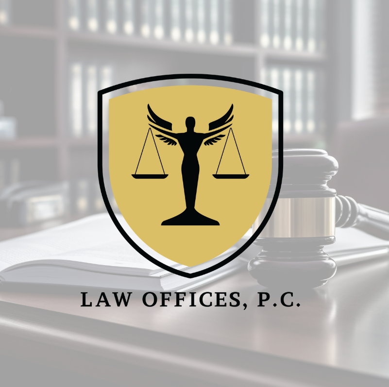 A shield logo with the silhouette of Lady Justice holding scales, set above the text LAW OFFICES, P.C. in black, ideal for Atlanta law firm branding, with a blurred background of legal books, an open notebook, and a gavel.