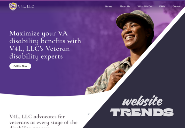 Website Design Trends to Watch in 2026. A smiling female veteran in uniform stands beside text: “Maximize your VA disability benefits with V4L, LLC’s Veteran disability experts.” The bottom right showcases “website design trends 2026” on a dark background.
