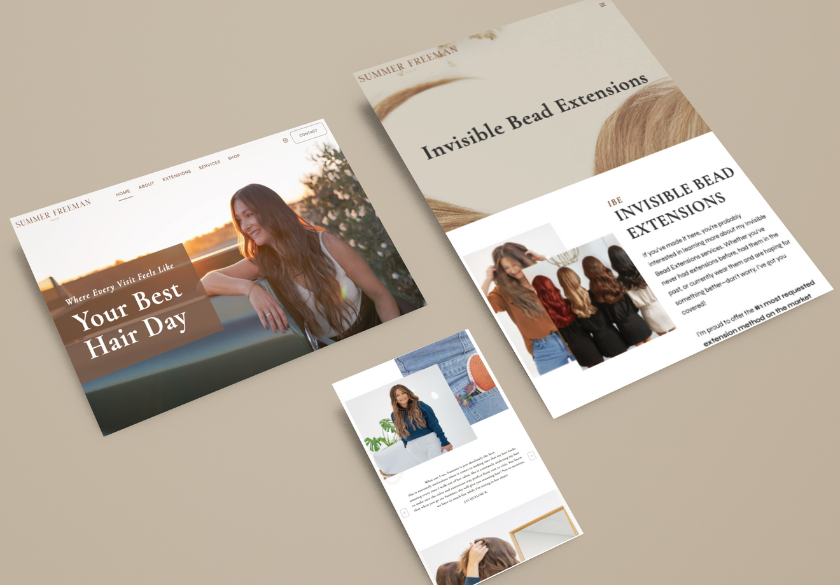 Make 2026 the Year Your Marketing Gets Out of the Way. Three website pages feature hair extension services, showcasing images of women with long hair, product details, and clever titles like Your Best Hair Day—delivering clarity and style on a beige background.