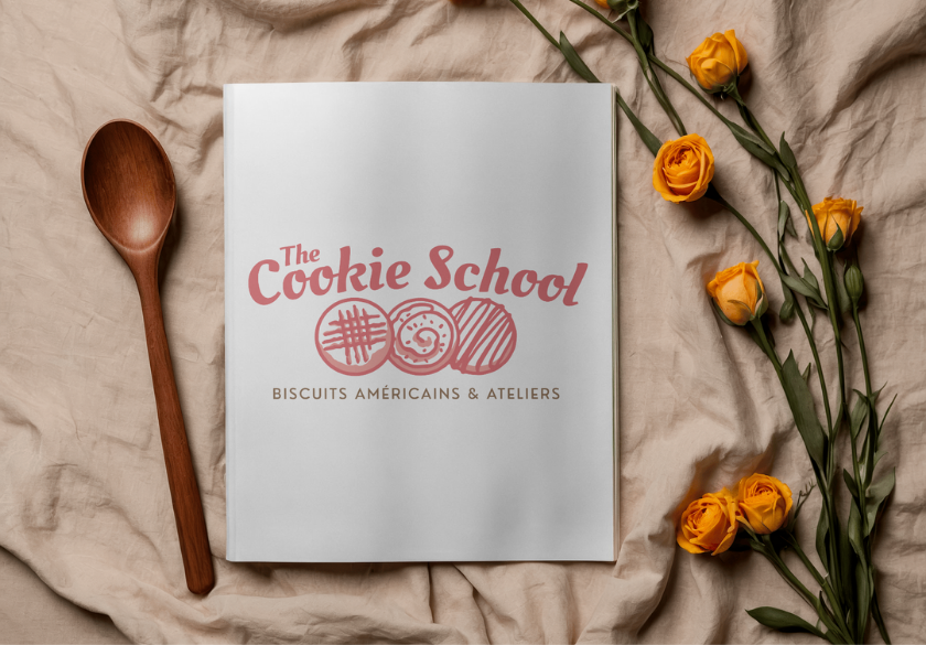 A white booklet with The Cookie School and cookie illustrations on the cover lies on beige fabric, beside a wooden spoon and yellow roses—a perfect designer brief for achieving the best results in presentation.