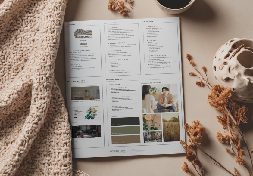 A cozy scene with a knitted blanket, dried flowers, a ceramic vase, and a coffee cup beside an open magazine displaying design layouts and color palettes—perfect inspiration for crafting the ideal Designer brief for best results.