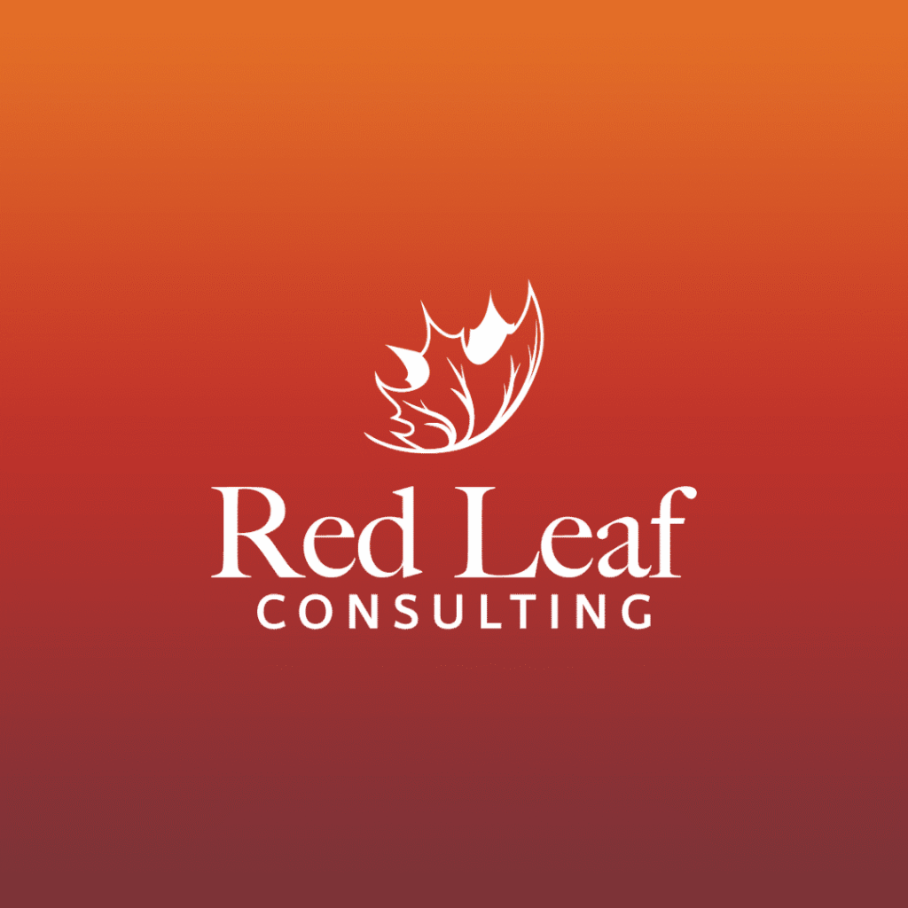 Logo for Red Leaf Consulting featuring a white, stylized leaf above the company name in white text on a gradient background transitioning from orange at the top to deep red—ideal for a web designer or custom website design services branding.