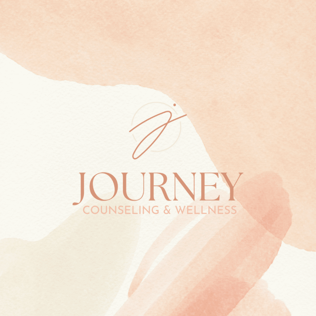 Logo for Journey Counseling & Wellness featuring an abstract peach and beige watercolor background and a minimalist figure above “Journey.” Designed by Moonlit Media, experts in logo design services.