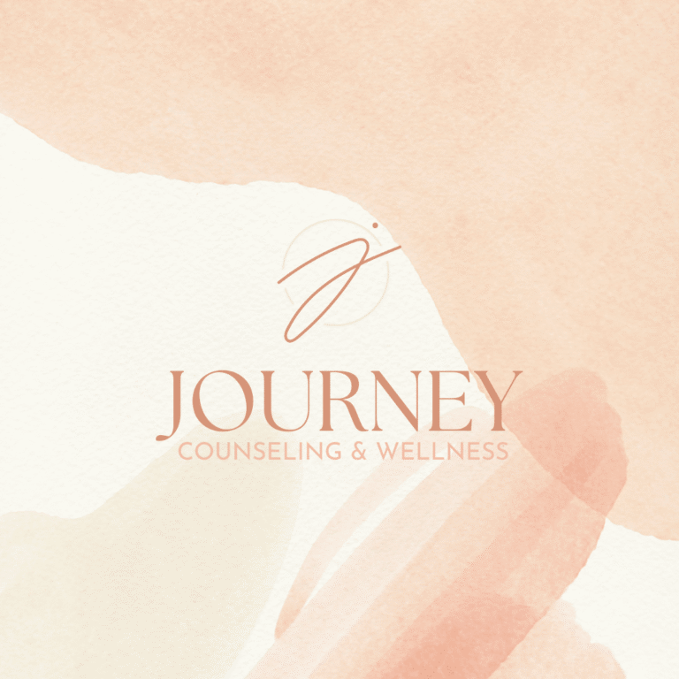 Logo for Journey Counseling & Wellness featuring an abstract peach and beige watercolor background and a minimalist figure above “Journey.” Designed by Moonlit Media, experts in logo design services.