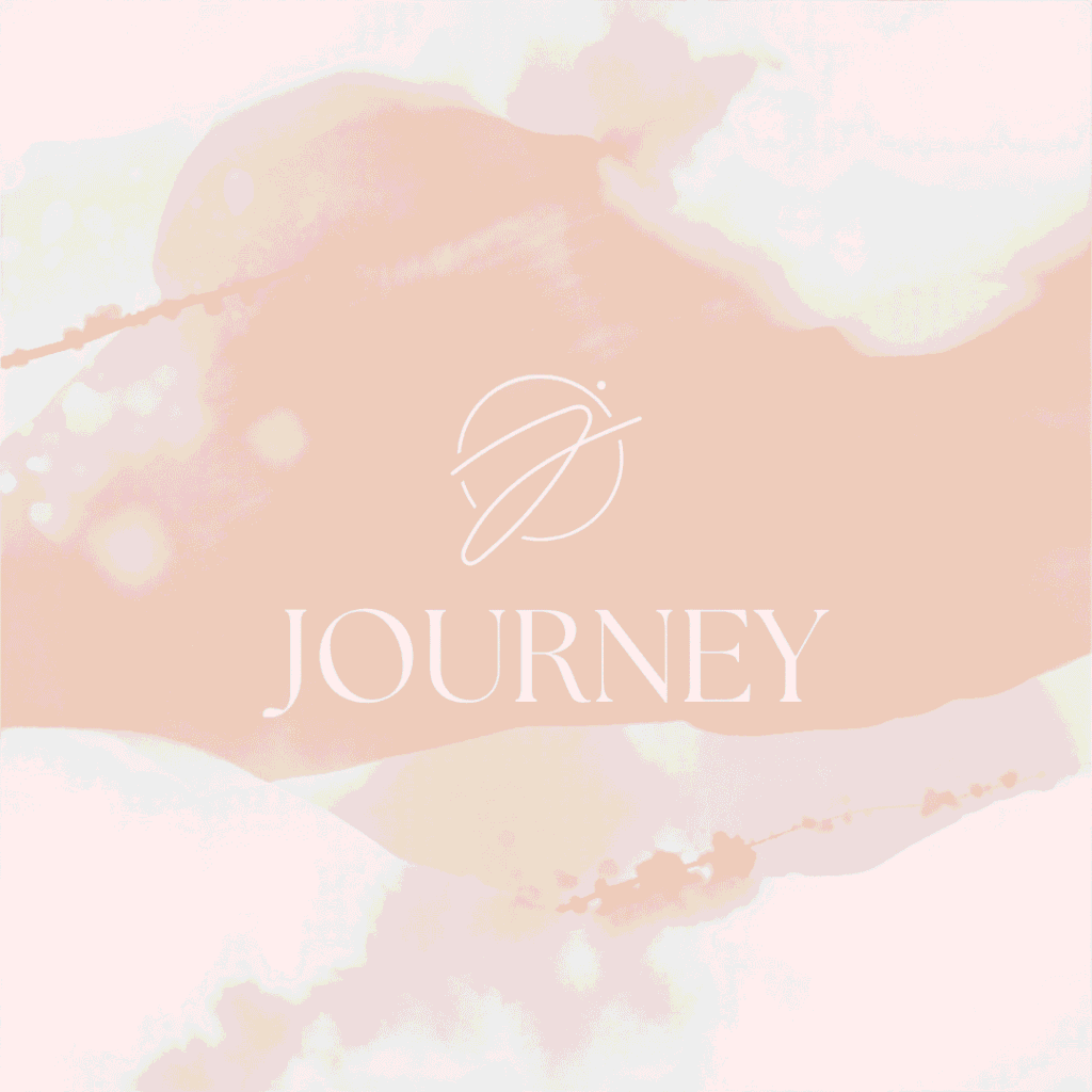 213 | Moonlit Media LLC A pale pink watercolor background with the word JOURNEY in large white letters below a minimalist circular logo with a swoosh design, perfect for showcasing custom logo design or promoting professional logo design services.