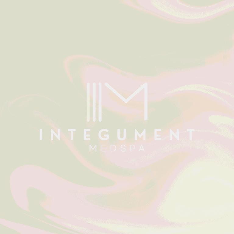 Integument Medspa logo with stylized IM above the words INTEGUMENT MEDSPA on a soft, beige, marble-like background, showcasing our custom logo design expertise.