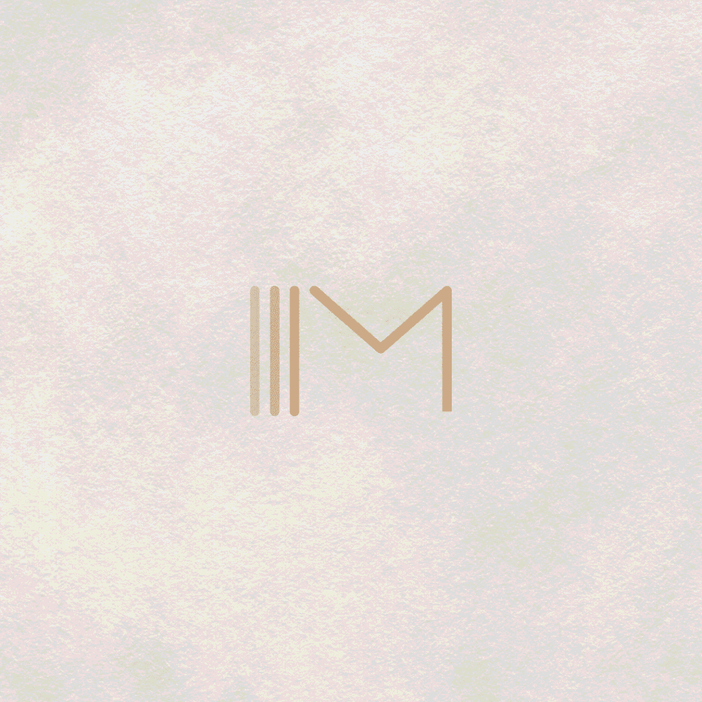 Minimalist logo on a textured, off-white background, featuring three vertical beige lines next to a diagonal line forming an abstract M shape—perfect for moonlit media or custom logo design.
