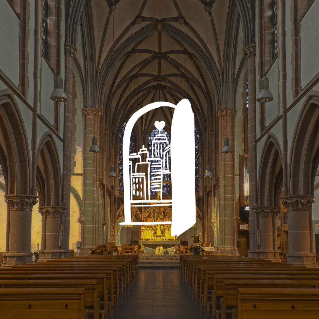 View of a church interior with tall arches and rows of wooden pews. The stained-glass window at the end features a white, hand-drawn city skyline with a heart above it—perfect inspiration for creative logo design services.
