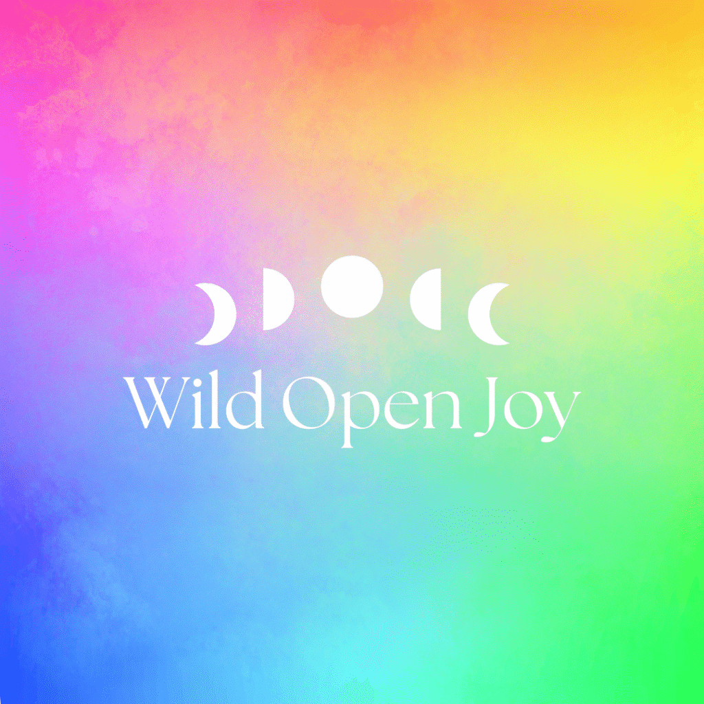 Text Wild Open Joy below five phases of the moon on a vibrant, pastel rainbow gradient background, perfect for showcasing moonlit media or custom logo design.