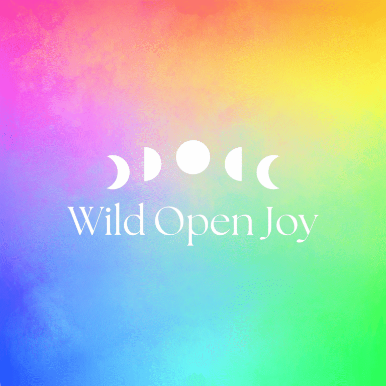 Text Wild Open Joy below five phases of the moon on a vibrant, pastel rainbow gradient background, perfect for showcasing moonlit media or custom logo design.
