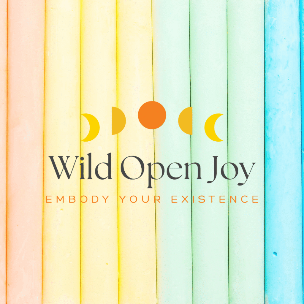 Pastel-colored vertical chalk lines with the text Wild Open Joy and Embody Your Existence. Above, five moon phases and a sun symbol in orange and yellow evoke a moonlit media vibe—perfect inspiration for custom website design.