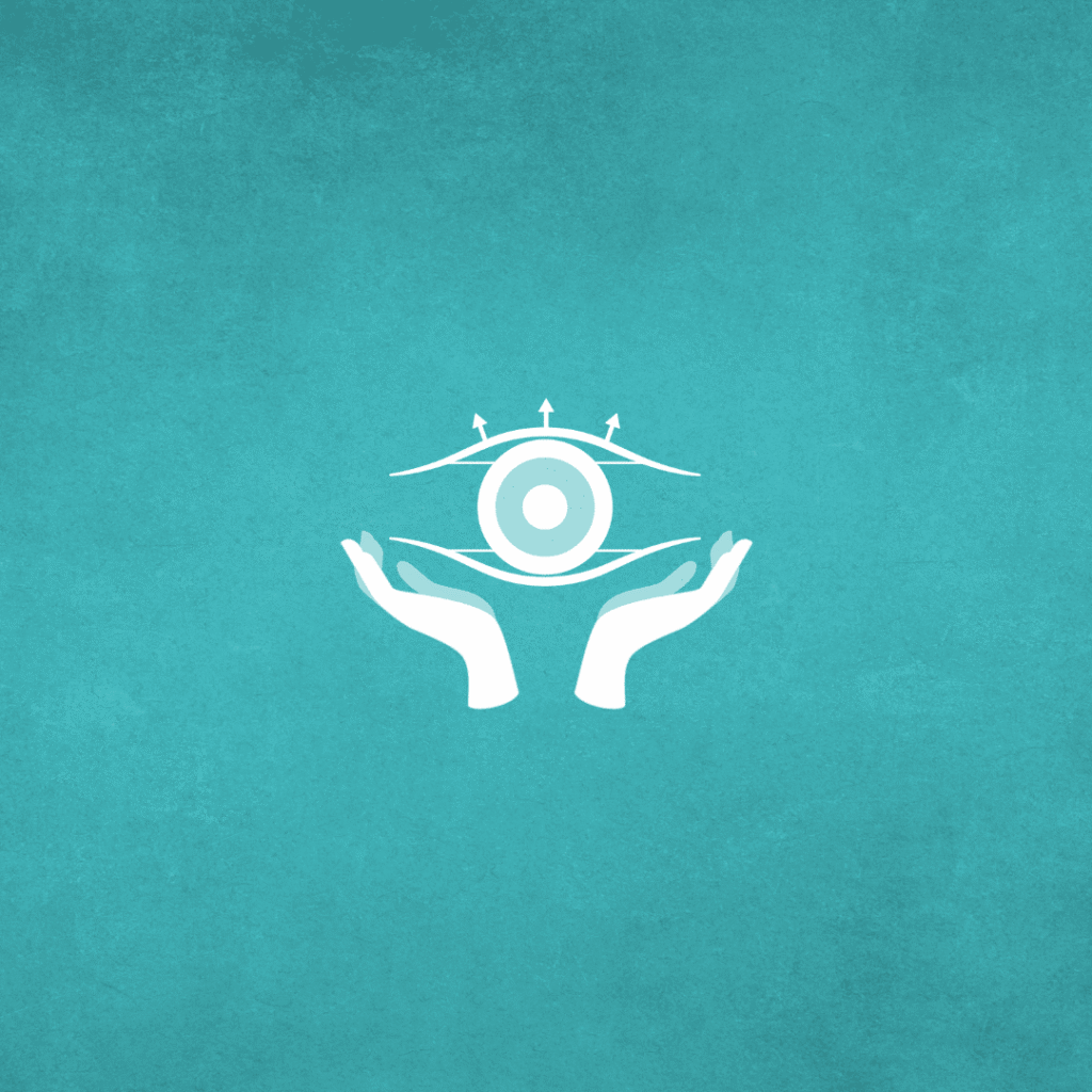 White icon of two open hands holding a stylized eye with three small human figures and an arched line above, on a turquoise textured background, representing Moonlit Media’s web design services.