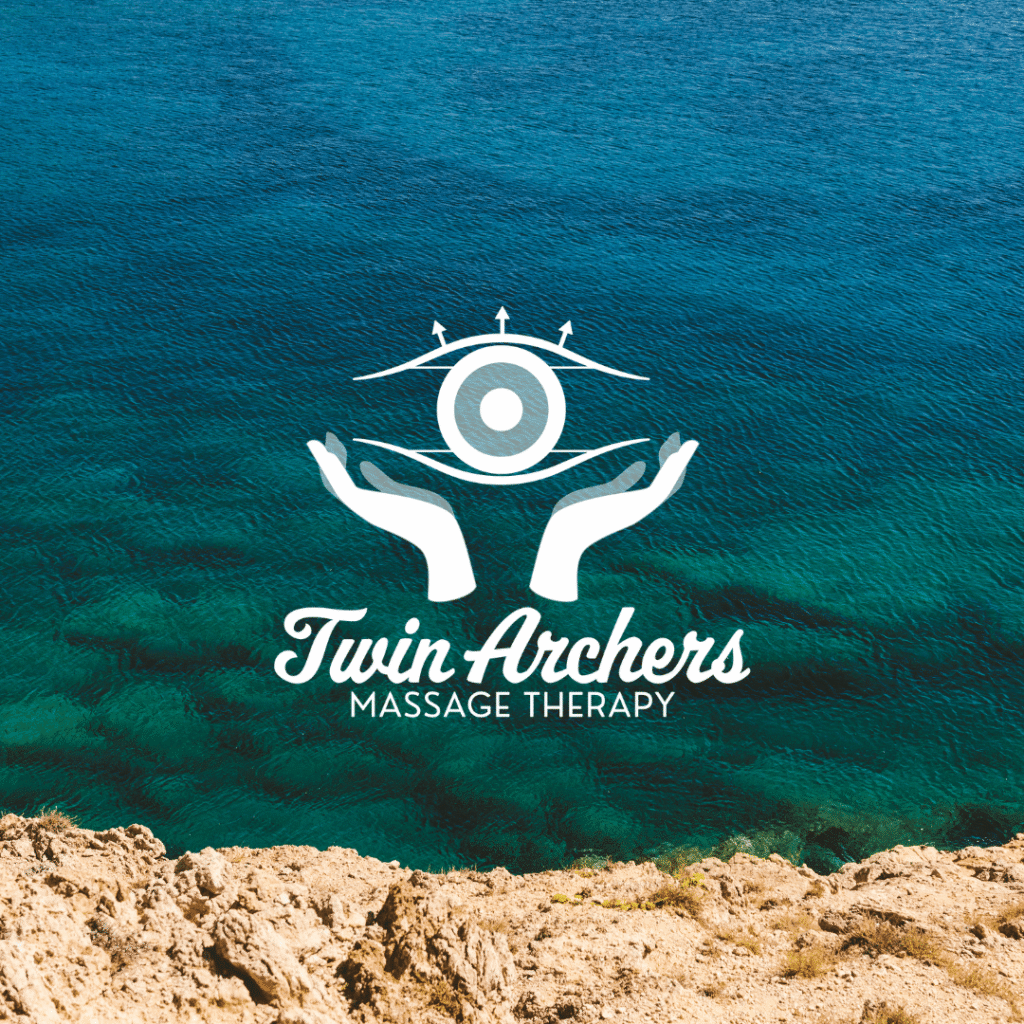 Custom logo design for Twin Archers Massage Therapy featuring stylized hands holding a circle and arrows, set against a clear blue ocean and rocky shoreline. Created by Moonlit Media, this logo design services your unique brand vision.