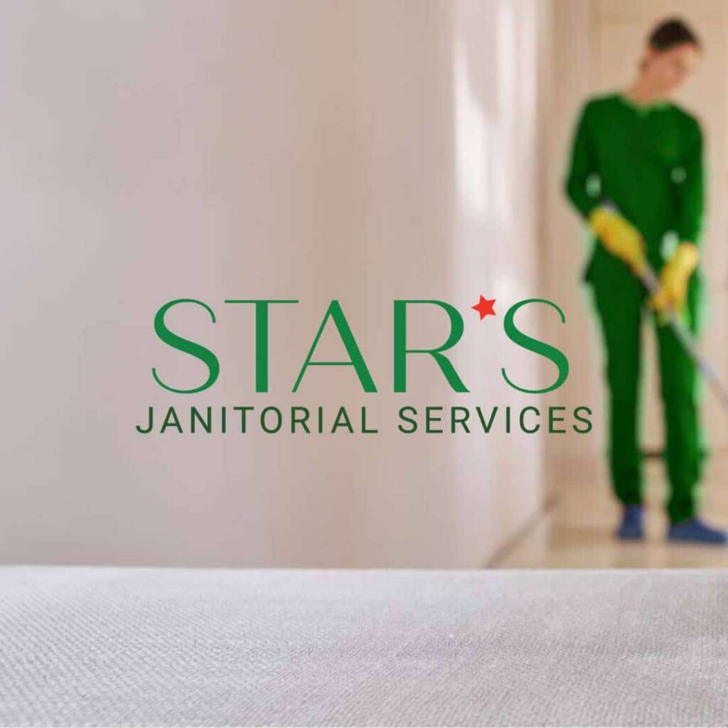 A person in green cleaning attire and yellow gloves mops a hallway; in the foreground, STARS JANITORIAL SERVICES appears in green text with a red star as the apostrophe, highlighting custom website design for standout logo design services.