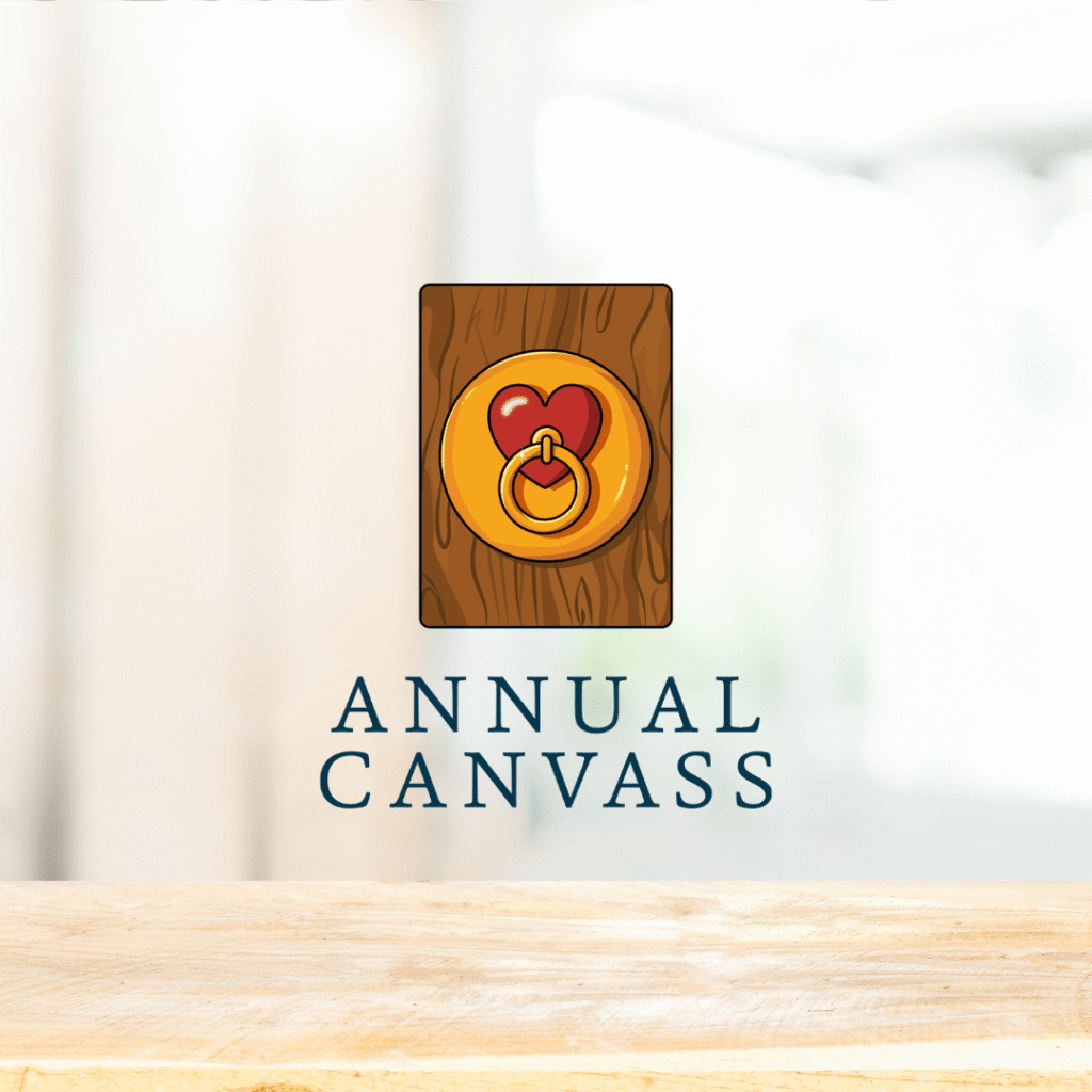 A wooden door knocker with a heart shape above a ring, set against a blurred background. Below the image are the words ANNUAL CANVASS in bold letters—perfect inspiration for custom logo design or web design services.