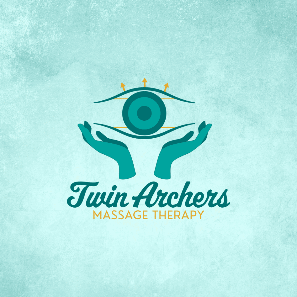 Custom logo design for Twin Archers Massage Therapy by web designer Moonlit Media, featuring two stylized hands holding a circular target with three arrows above, set against a textured teal background.