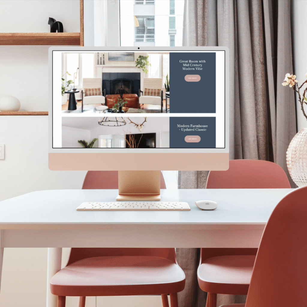 A modern workspace with a white desk, pink chairs, and a desktop computer showcasing Moonlit Media’s logo design services. A small vase with flowers sits on the table near a window with sheer curtains.