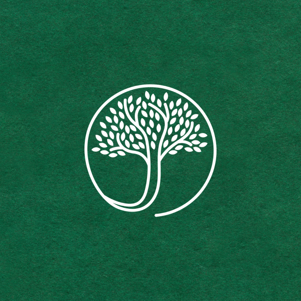A simple white line drawing of a tree with many leaves inside a circle, centered on a textured dark green background—perfect for web design services or as part of your custom website design.