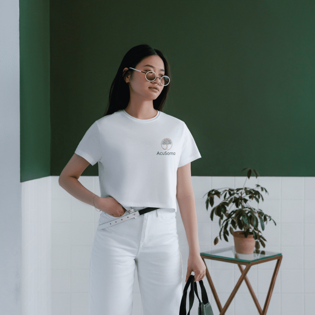 A woman wearing sunglasses and a white t-shirt with Acúsoma text stands indoors near a green wall and potted plant, holding a black bag—her confident pose reflects the creative flair of a web designer.