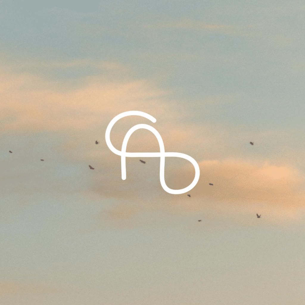 A minimalist white abstract logo resembling intertwined loops is centered over a soft sky with pastel clouds and distant flying birds, perfect for those seeking custom logo design by a skilled web designer at Moonlit Media.